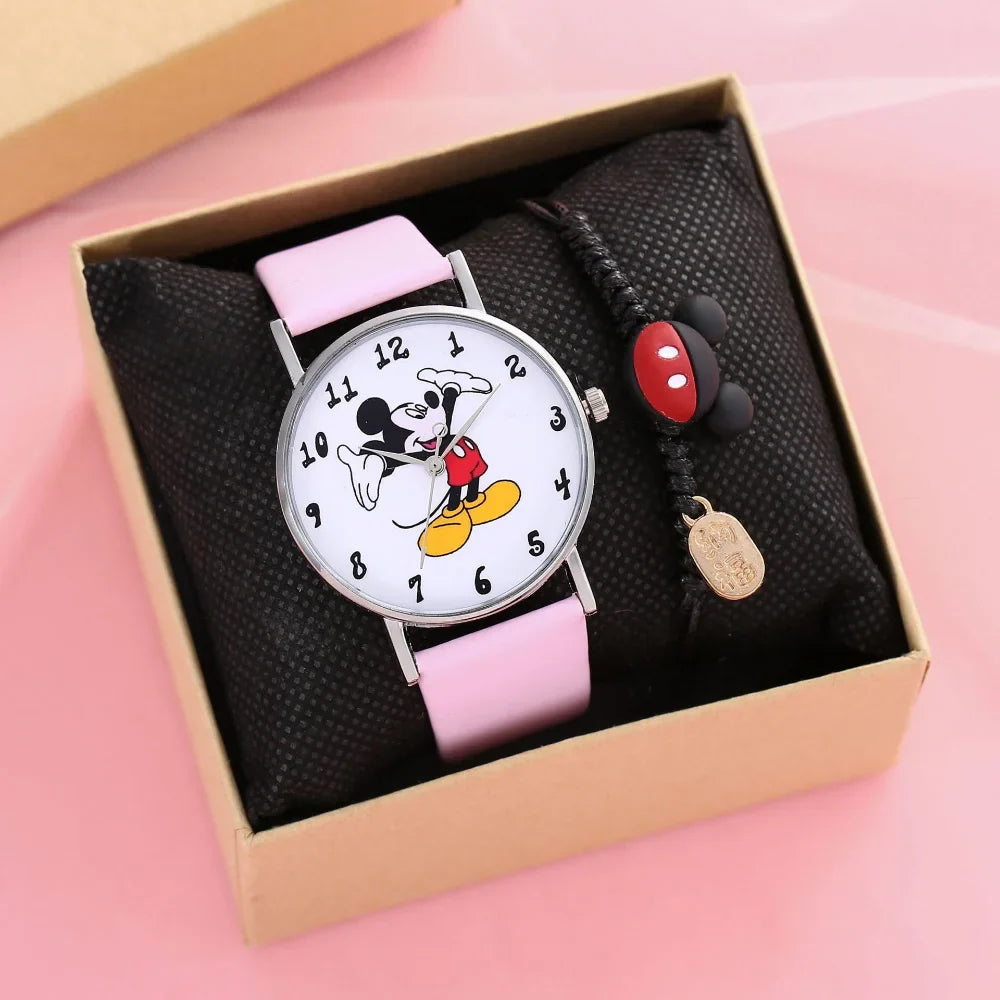 Nuovo set di braccialetti per orologi da donna Disney per bambini Confezione regalo Moda Topolino Orologi da cartone animato per bambini Bracciali da donna con scatola