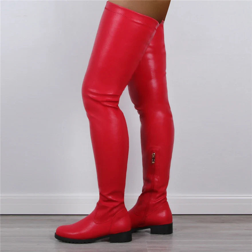 2025 Winter Over the Knee Women Boots European Platform Zipper Ladies Shoes Comfort Square High Heels Elastic Leather Long Boots