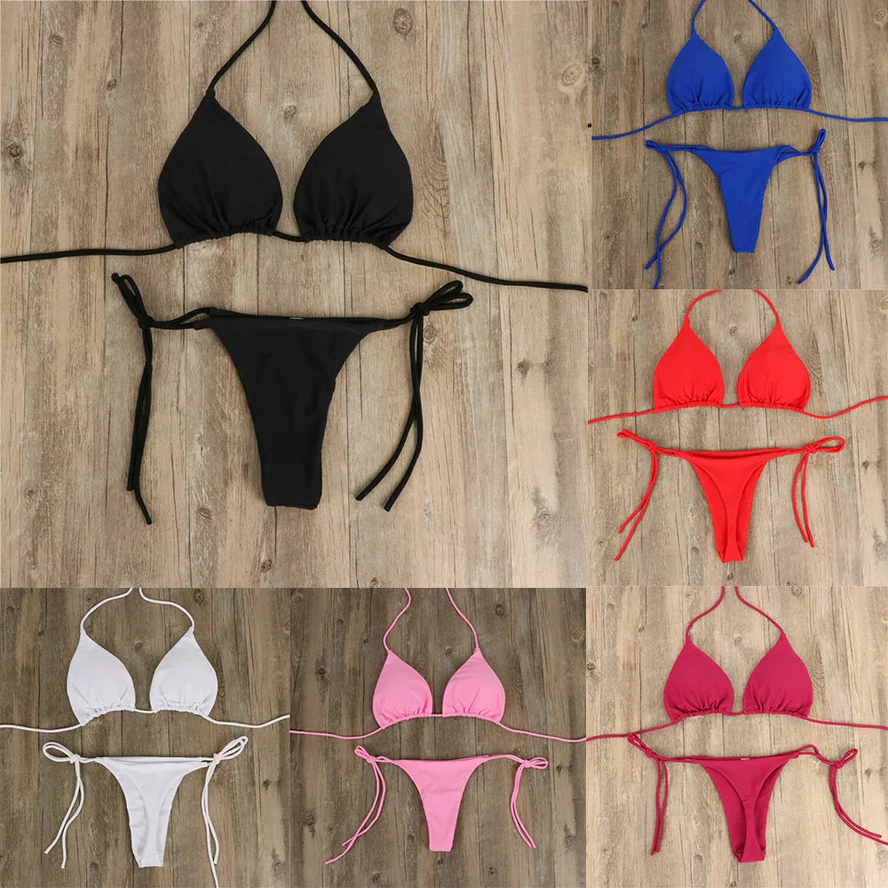 Set bikini sexy perizoma da donna Costume da bagno laterale stile fasciatura Costume da bagno brasiliano con cinturino diviso Set costume da bagno femminile solido regolabile