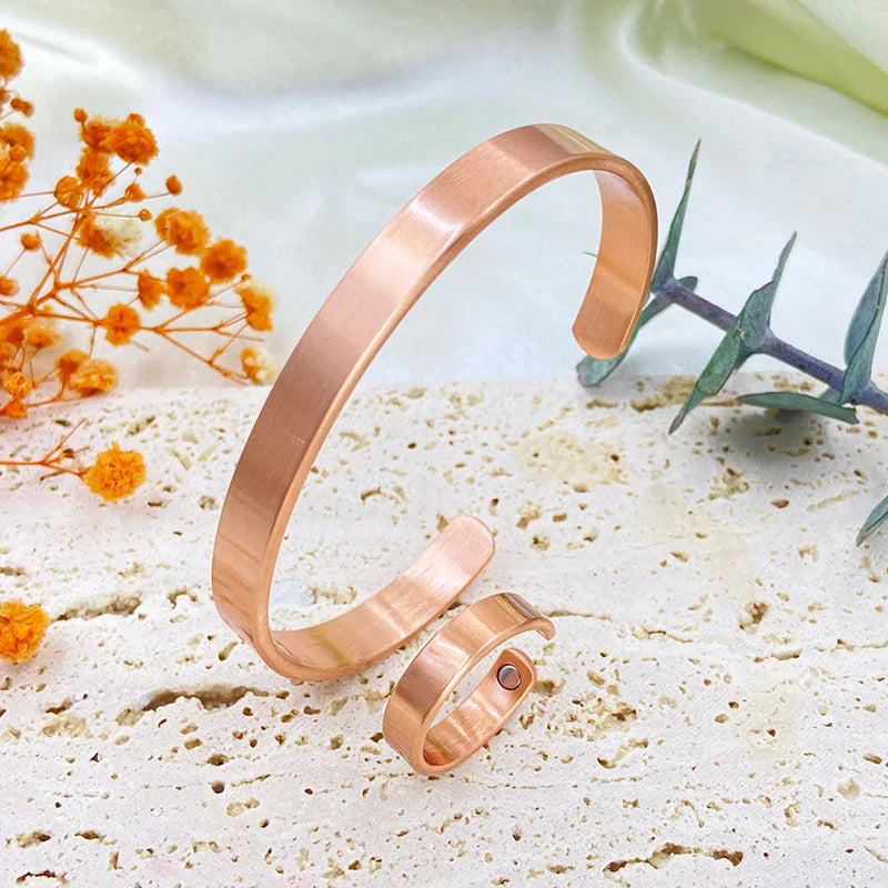 Set Bracciali e anelli in rame puro per donna Uomo Polsino semplice Braccialetti magnetici Artrite Salute Gioielli in rame massiccio