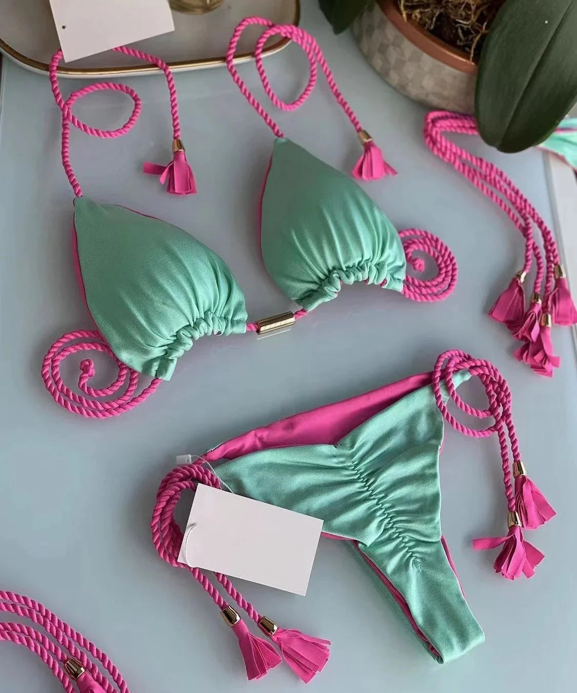 Costume da bagno sexy da donna in tinta unita, due pezzi, triangolare, con corda intrecciata, set bikini, costume da bagno da spiaggia, Biquinis brasiliani