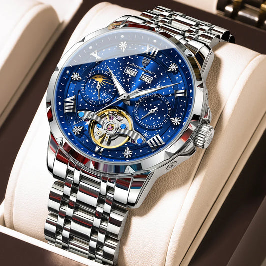POEDAGAR Top Orologio da uomo originale Orologio meccanico automatico da uomo in acciaio inossidabile Calendario Hollow Tourbillon Orologio da uomo Maschio + scatola
