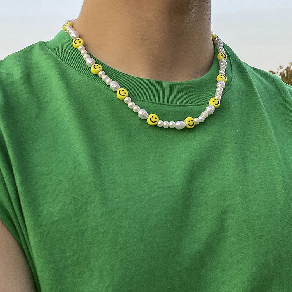 Bracciale con collana con volto sorridente di perle divertenti per donna Uomo Vitalità Sorriso colorato Accessori girocollo con perline Set di gioielli di moda