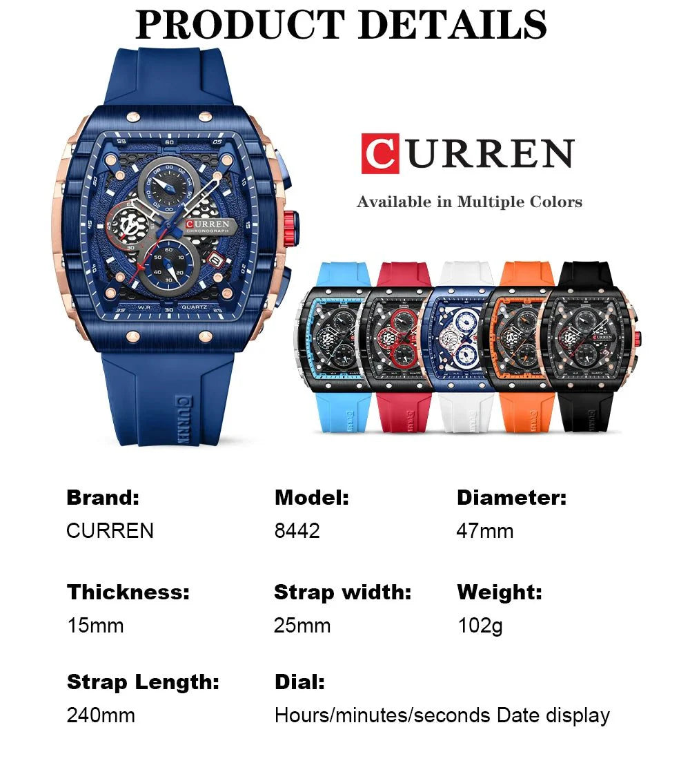 CURREN Orologio da uomo alla moda, marchio unico, design quadrato, lusso, nastro sportivo al quarzo, orologi da uomo impermeabili