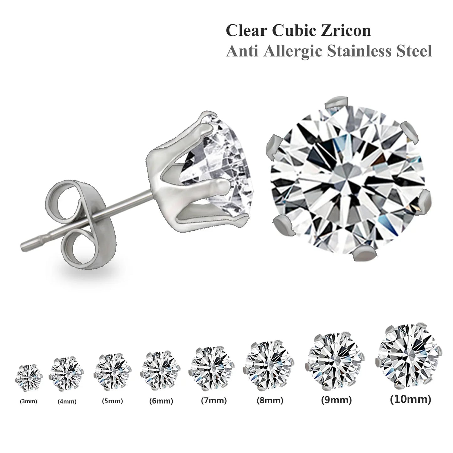 LUXUSTEEL 10 paia/set 3-10mm Orecchini in cristallo bianco trasparente per donna uomo Acciaio inossidabile Zircone CZ Piercing all'orecchio all'ingrosso
