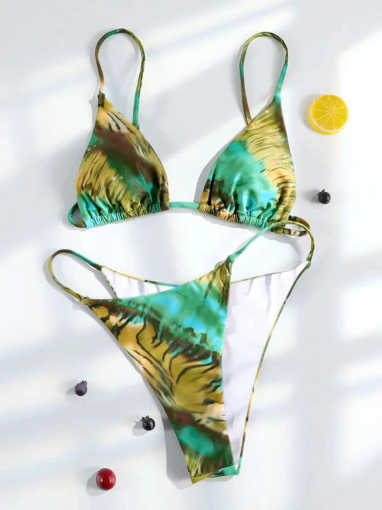 Miyouj Bikini Stampato con Fascia 2026, Costume da Bagno a Triangolo Tre Pezzi a Vita Bassa, Biquini Donna, Abbigliamento da Mare Estivo