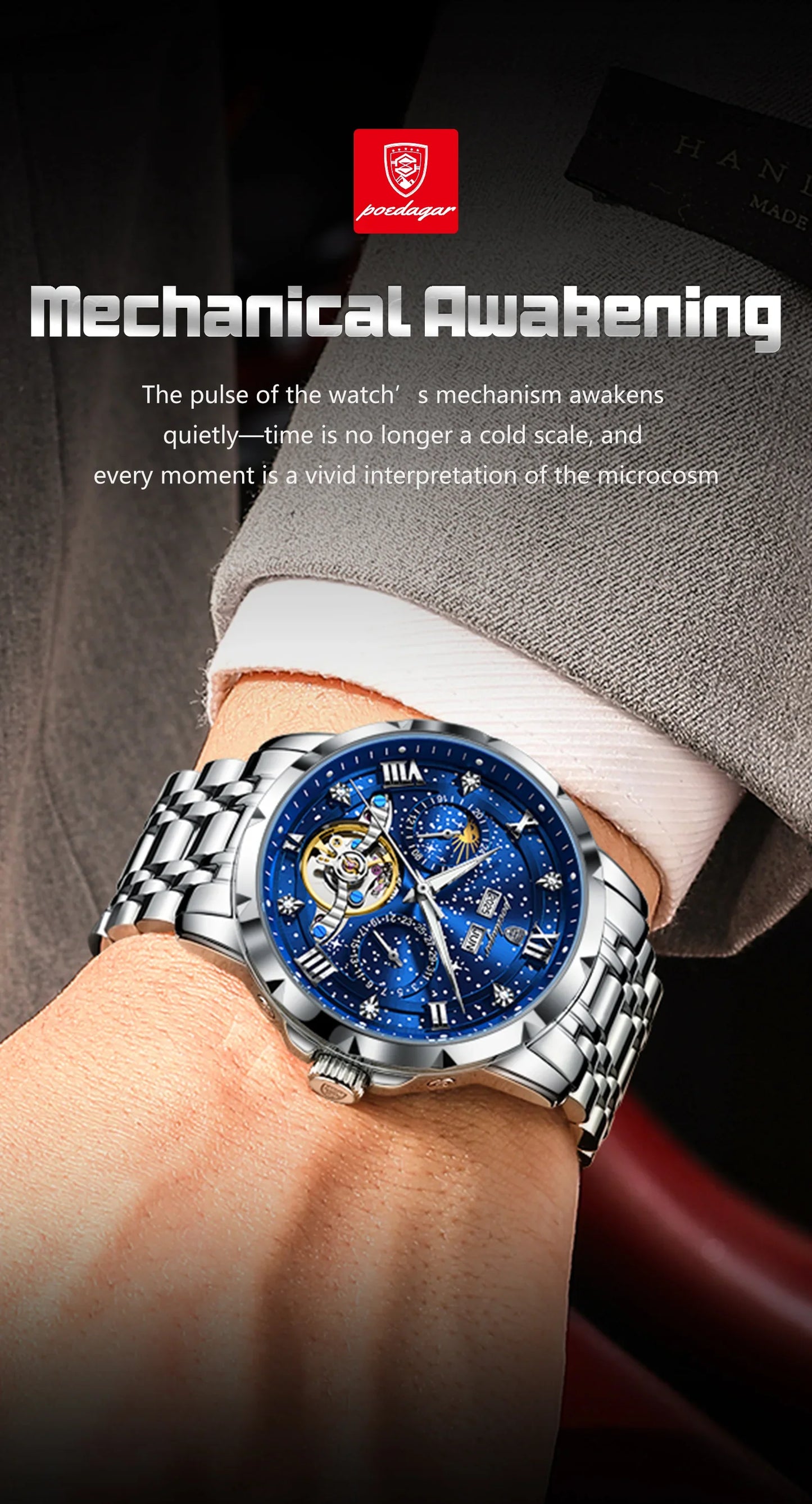 POEDAGAR Top Orologio da uomo originale Orologio meccanico automatico da uomo in acciaio inossidabile Calendario Hollow Tourbillon Orologio da uomo Maschio + scatola