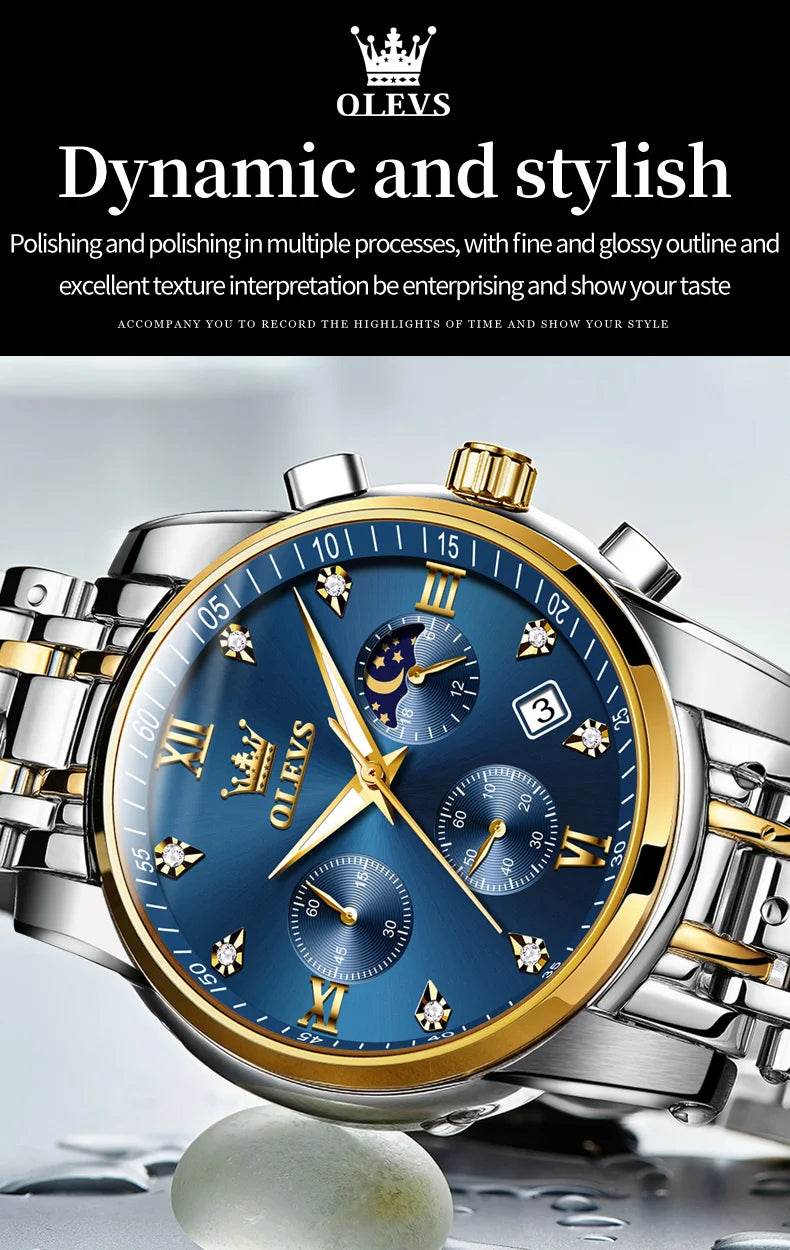OLEVS 2858 Orologio da Uomo in Acciaio Inossidabile, Impermeabile, Antigraffio, con Fasi Lunari, Luminoso, Cronografo, Orologio da Polso al Quarzo di Lusso