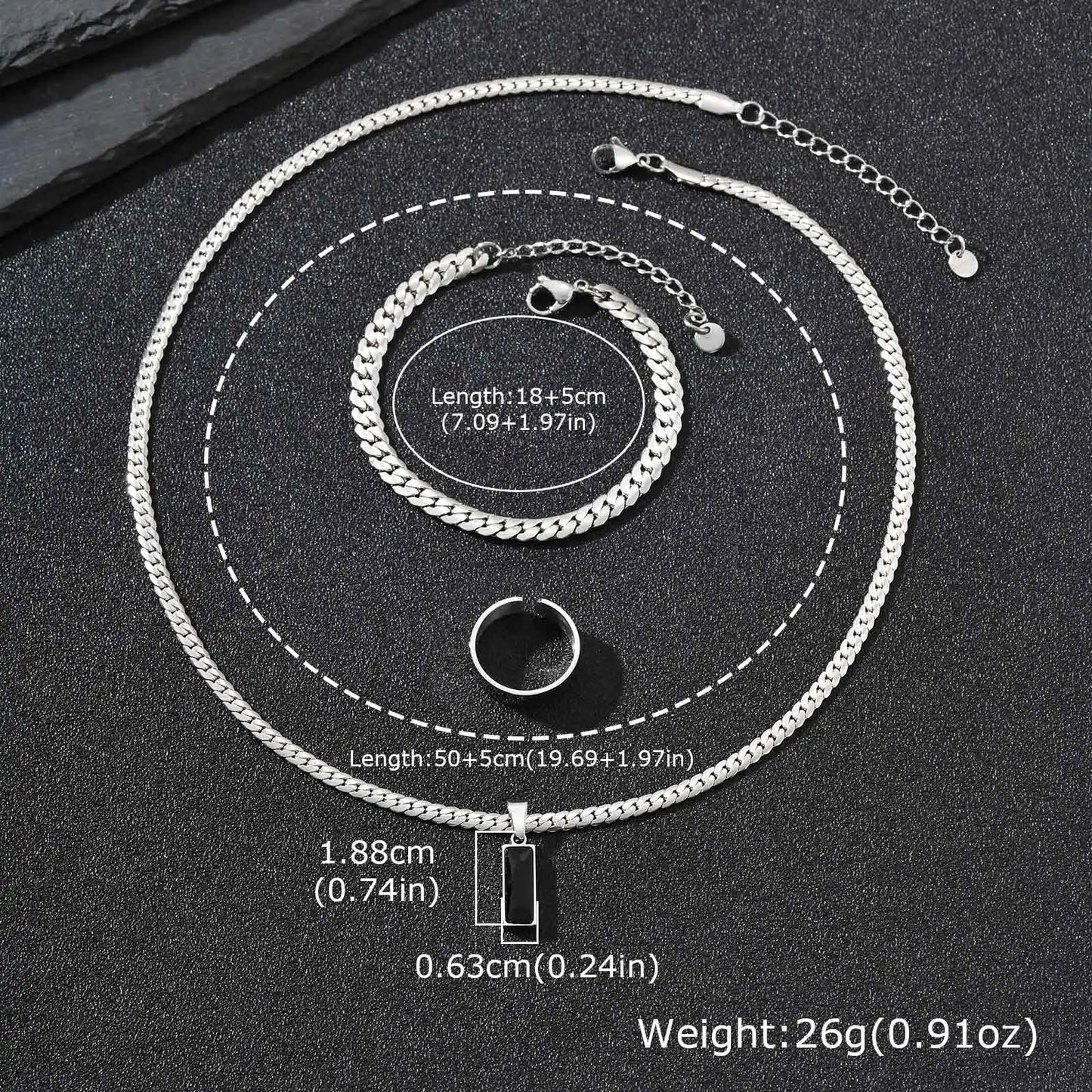 Elegante Set di Gioielli da Uomo con 3 Pezzi, Catena Cubana Piatta, Ciondolo Geometrico in Acciaio Inox con Pietra, Gioielli Hip Hop, Regalo per Lui