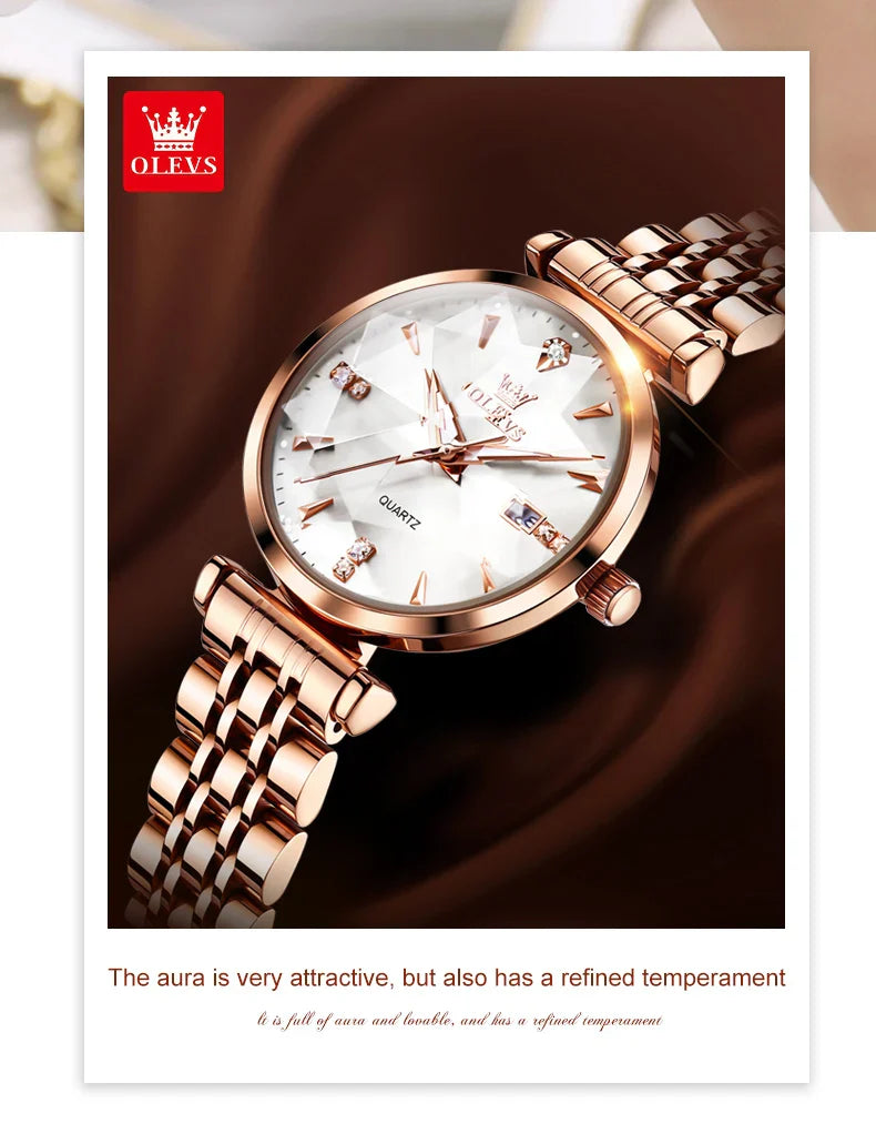 OLEVS 5536 Orologio da donna al quarzo con diamanti di marca di lusso Moda elegante orologio da donna impermeabile in oro rosa con bracciale Set Reloj Mujer