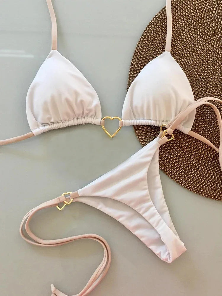 Nuovo costume da donna bikini bianco tinta unita costume da bagno alla moda con lacci a vita bassa set da due pezzi