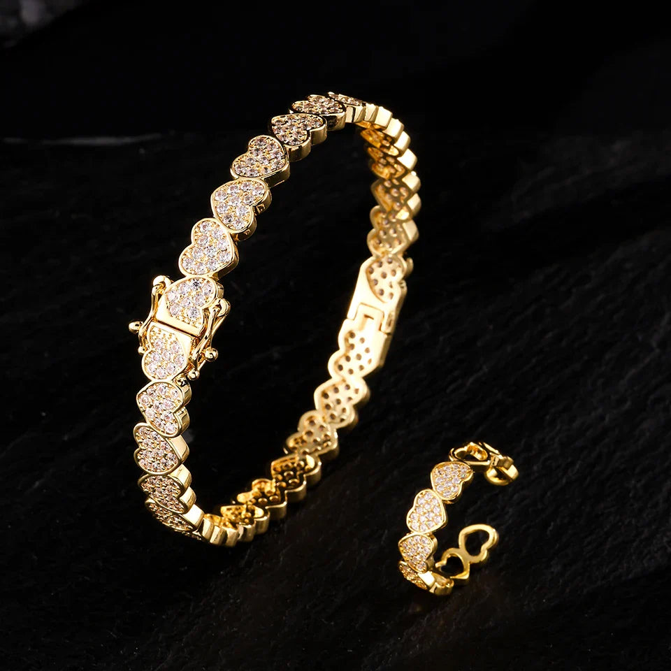 Set di Bracciale e Anello ZAKOL Hip Hop con Charm a Cuore in Zirconia Cubica per Uomo e Donna, Regalo di San Valentino per Coppie