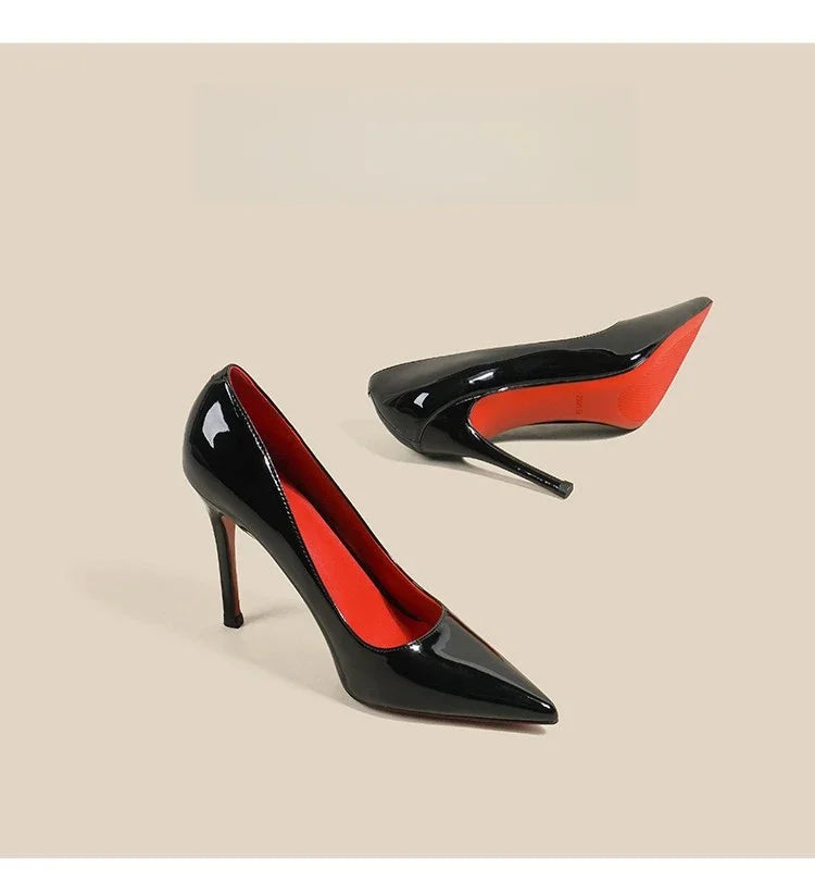 7cm Black Red Sole High Heels Spring Pointed Toe Stiletto Heel Sexy Shiny Single Shoes Fashion Patent Leather Women's Shoes