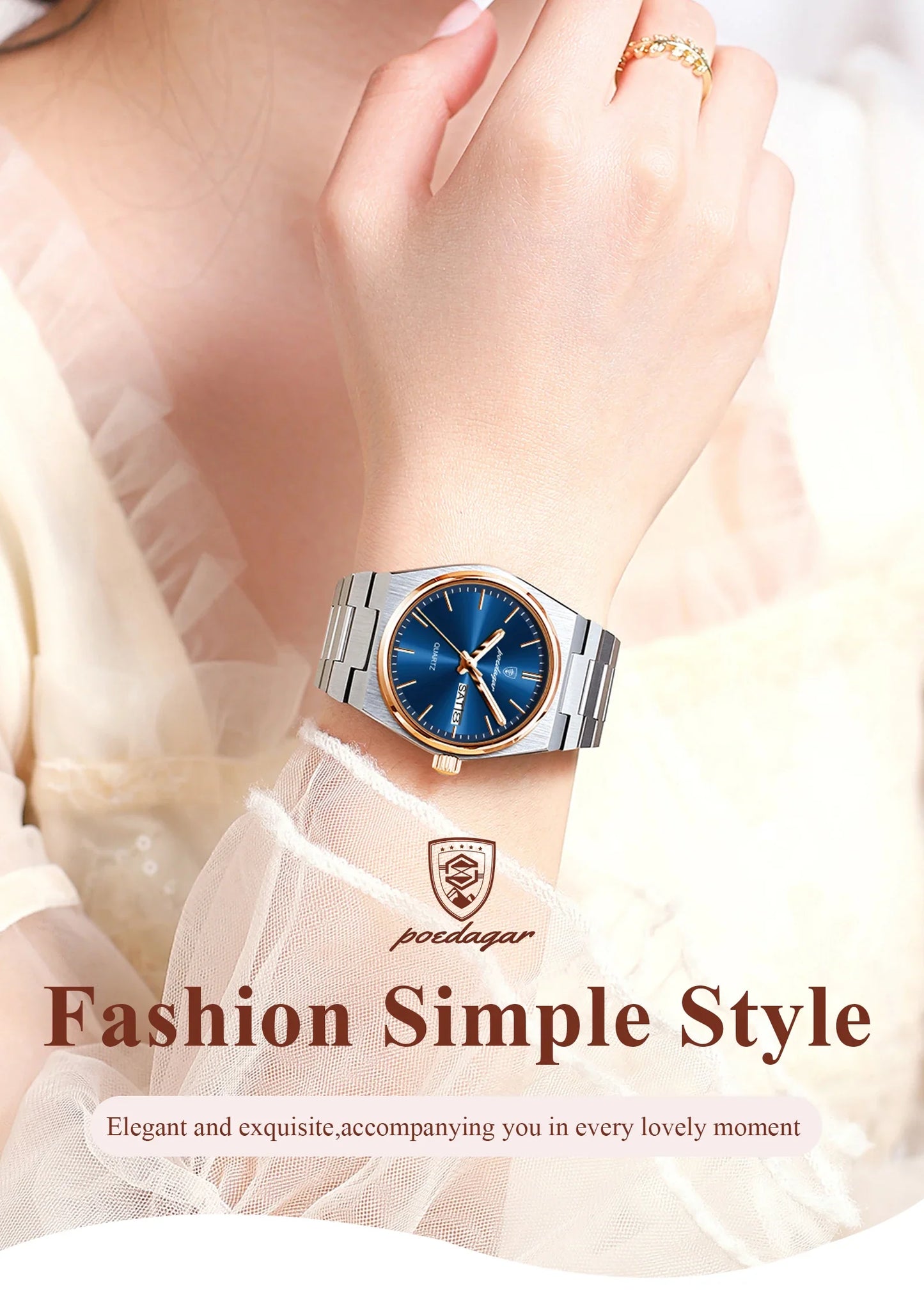 POEDAGAR Orologio da donna alla moda Orologio da polso da donna di lusso luminoso impermeabile in acciaio inossidabile Data settimana Orologi al quarzo da donna Reloj