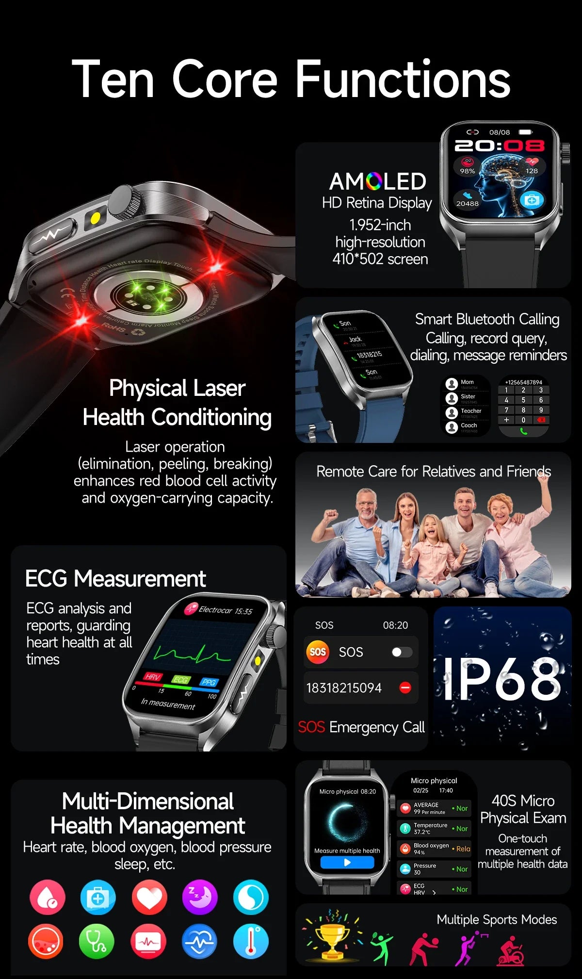 2025 Trattamento laser Tre Smartwatch alti 1.95 "Schermo curvo in zaffiro ECG + PPG Grasso nel sangue Acido urico Diagnosi salute Smartwatch