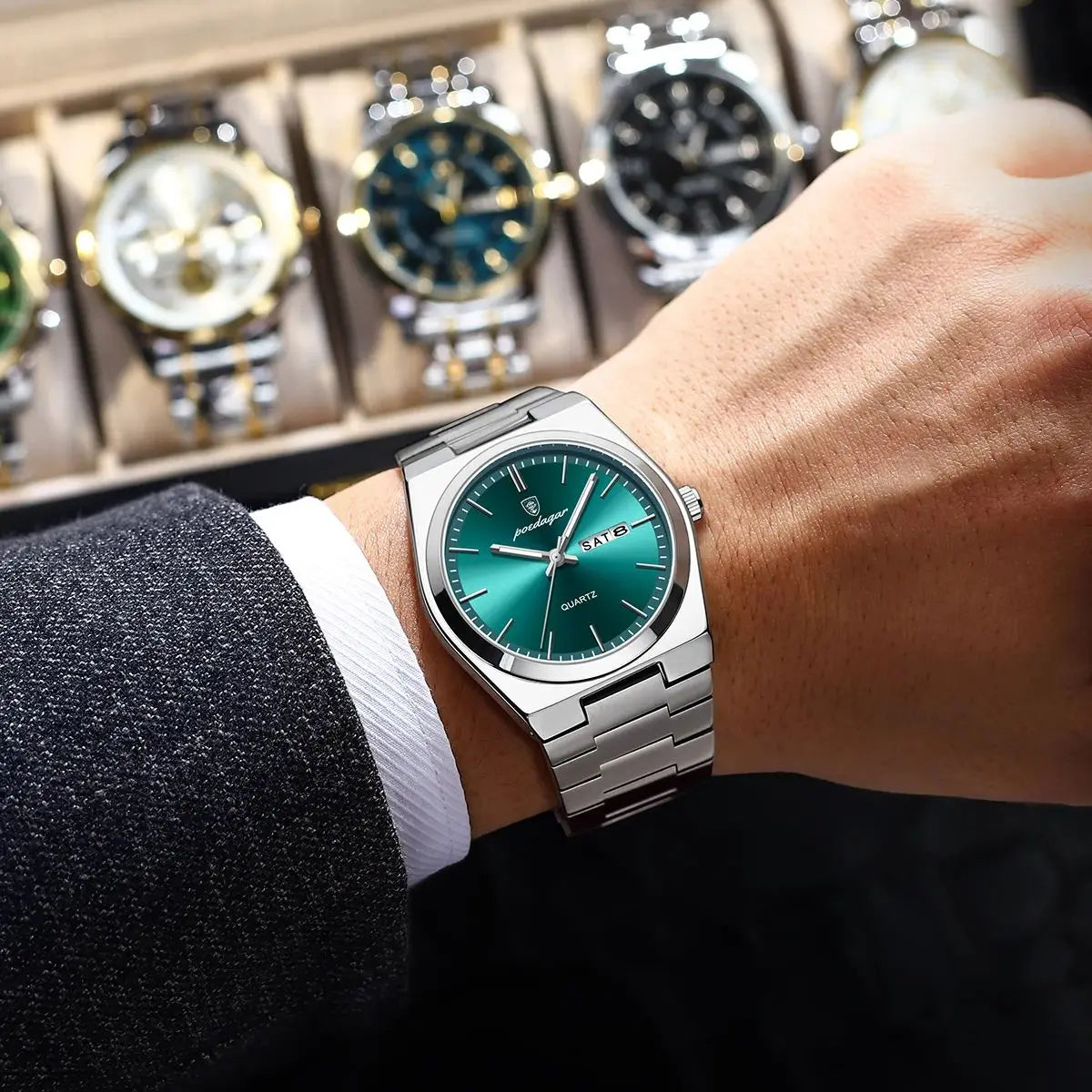 POEDAGAR Orologi da uomo di lusso Impermeabile luminoso Data Settimana Orologio da uomo in acciaio inossidabile Moda casual Orologio da polso da uomo al quarzo Reloj
