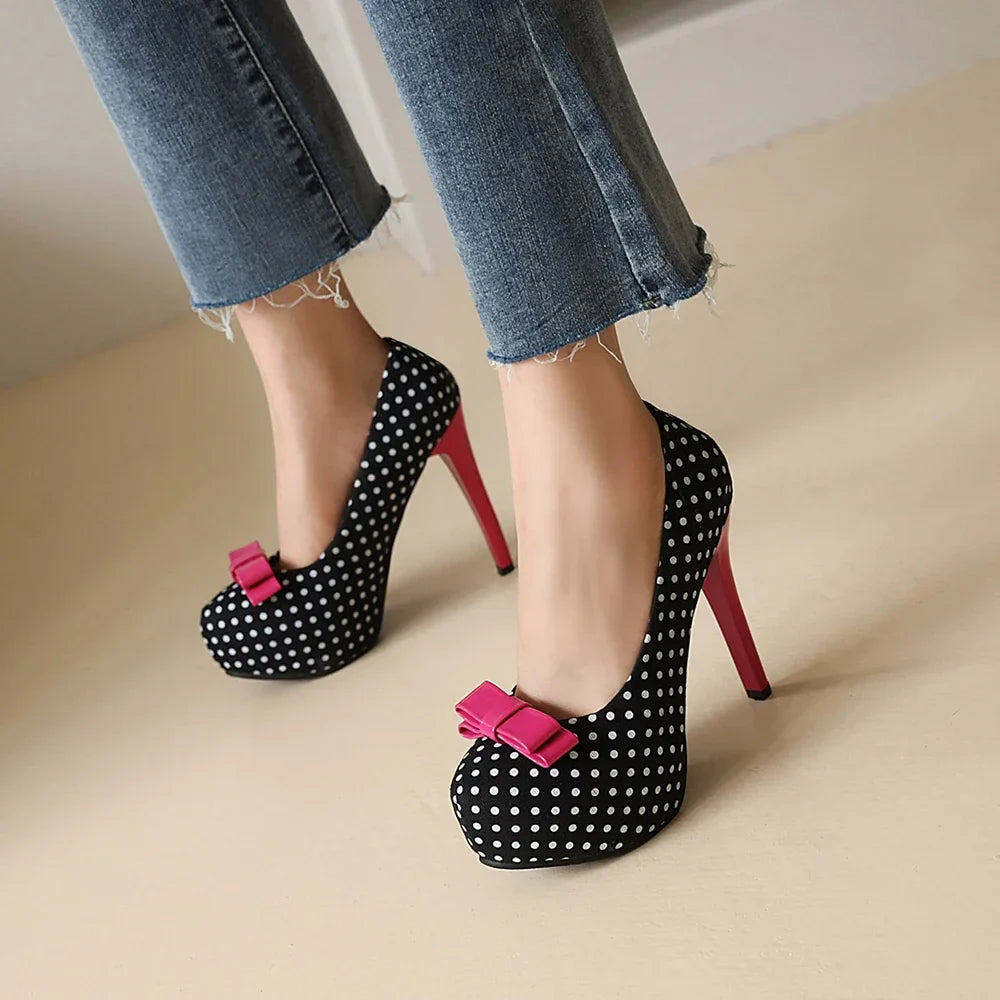 Sexy Super High Heels Women Platform Pumps Polka dot Bow Party Dress Shoes Woman Elegant Wedding Shoes Female 12cm Stilettos