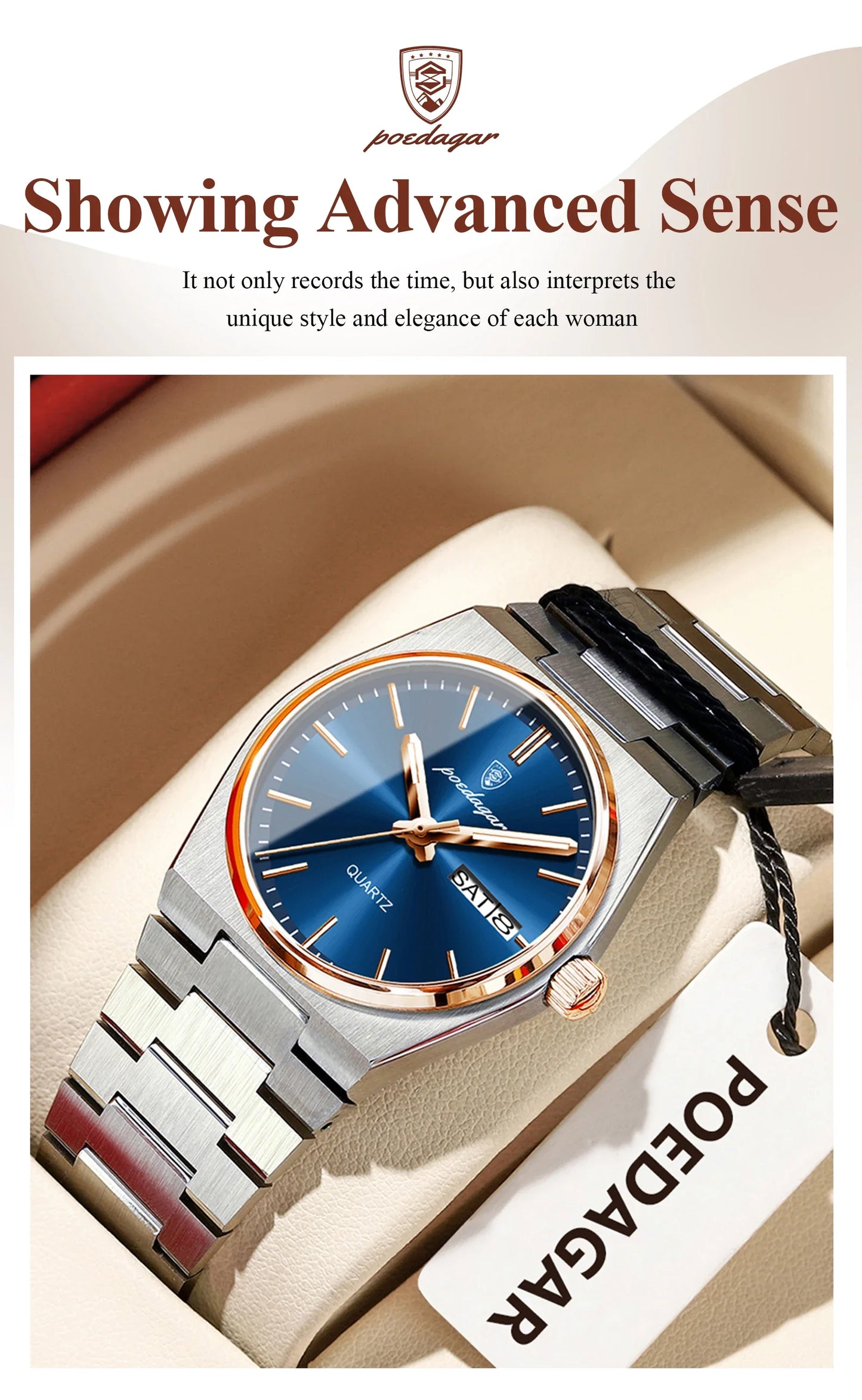 POEDAGAR Orologio da donna alla moda Orologio da polso da donna di lusso luminoso impermeabile in acciaio inossidabile Data settimana Orologi al quarzo da donna Reloj