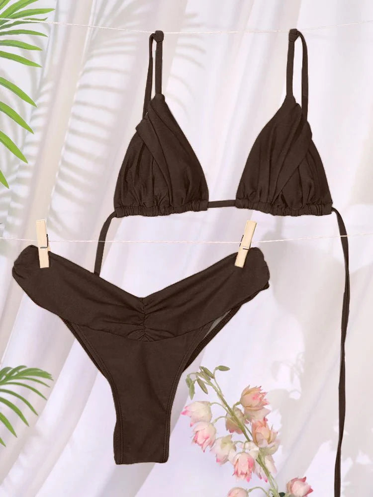Set Bikini Sexy con Pieghe, Micro Bikini Tinta Unita, Costume da Bagno Femminile a Triangolo, Abbigliamento da Spiaggia