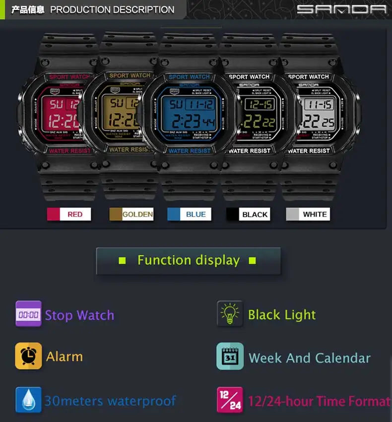 SANDA G Style LED Orologio digitale Unisex Antiurto Impermeabile Orologi sportivi Ragazzo Ragazza Cronometro Orologio elettronico a LED militare