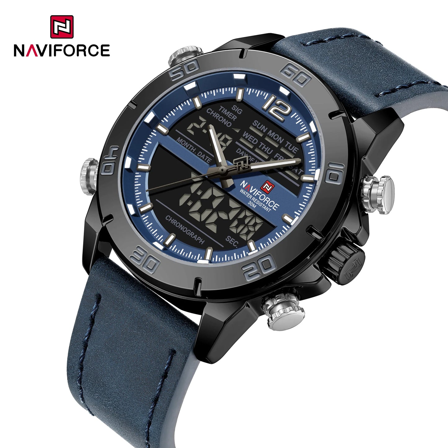 NAVIFORCE Orologio alla moda da uomo con cinturino in vera pelle Movimento al quarzo resistente all'acqua 30M Display luminoso con giorno e data F
