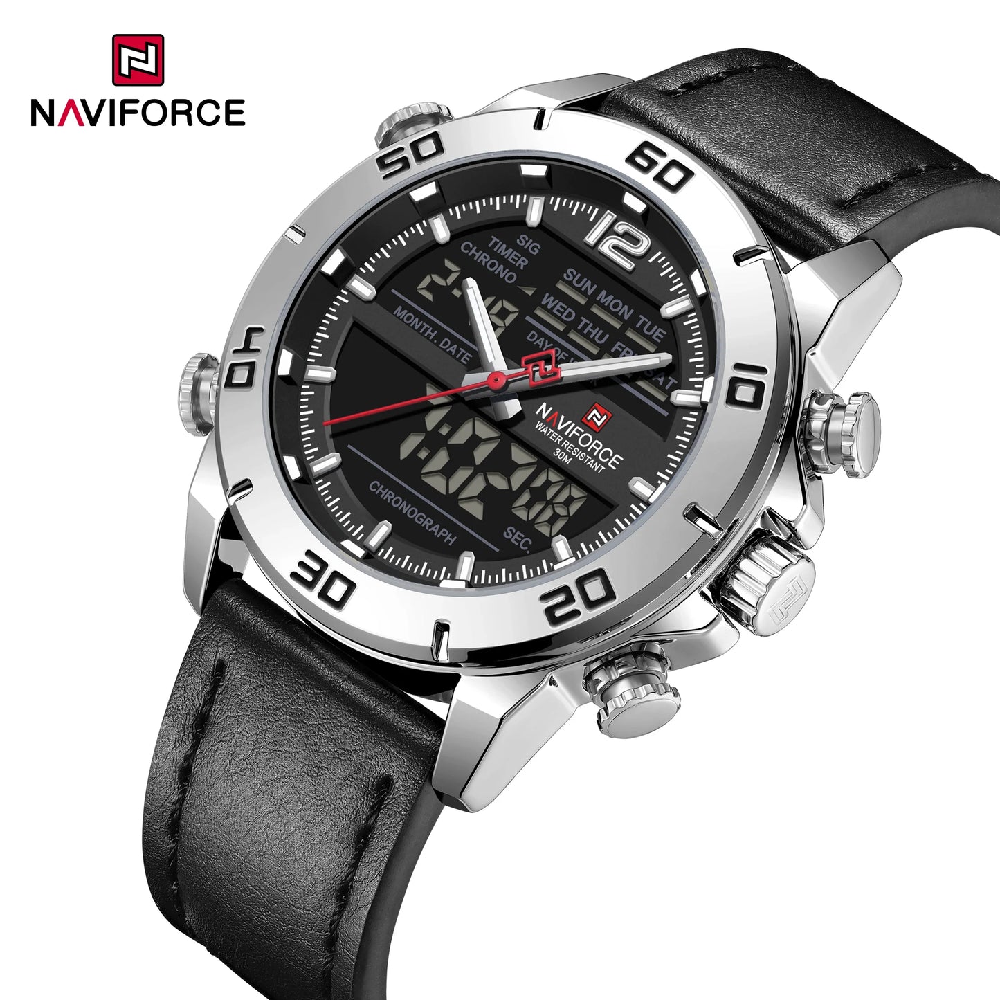 NAVIFORCE Orologio alla moda da uomo con cinturino in vera pelle Movimento al quarzo resistente all'acqua 30M Display luminoso con giorno e data F