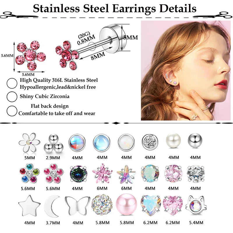 2 pz/set In Acciaio Inox Cuore Luna Earbone Della Vite Della Vite Della Sfera Orecchini con perno per Le Donne di Modo Dell'orecchio Trago Cartilagine Body Piercing