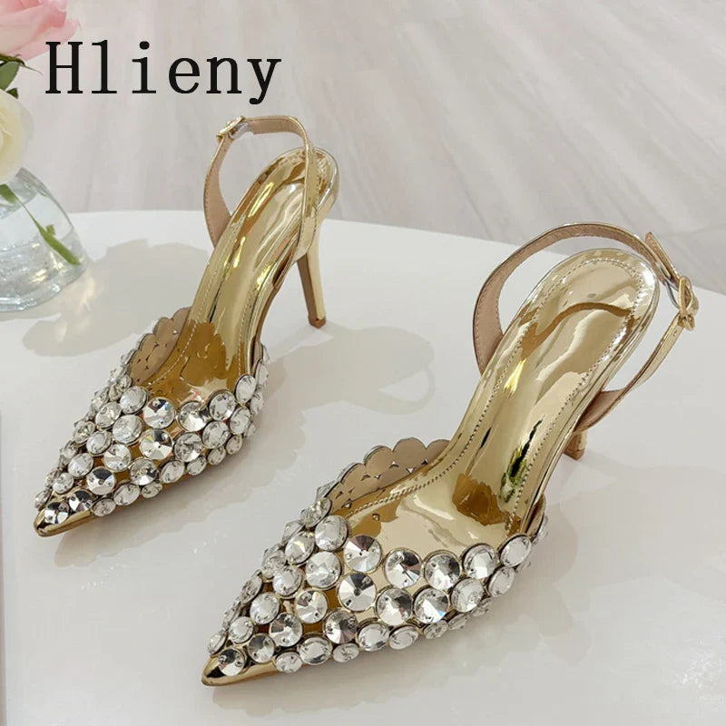 Hlieny Hollow Out Patent Leather Women Pumps Fashion Crystal Diamonds Pointed Toe Gold Silver High Heels Shoes Stiletto Sandals