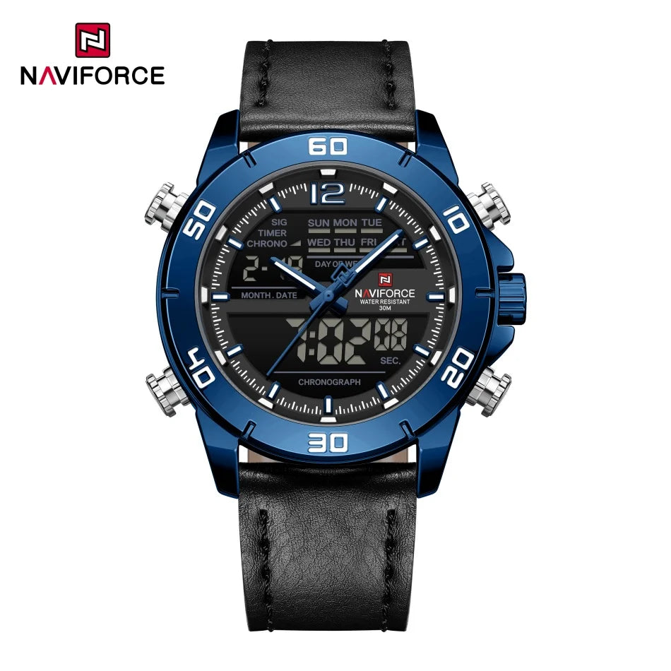 NAVIFORCE Orologio alla moda da uomo con cinturino in vera pelle Movimento al quarzo resistente all'acqua 30M Display luminoso con giorno e data F