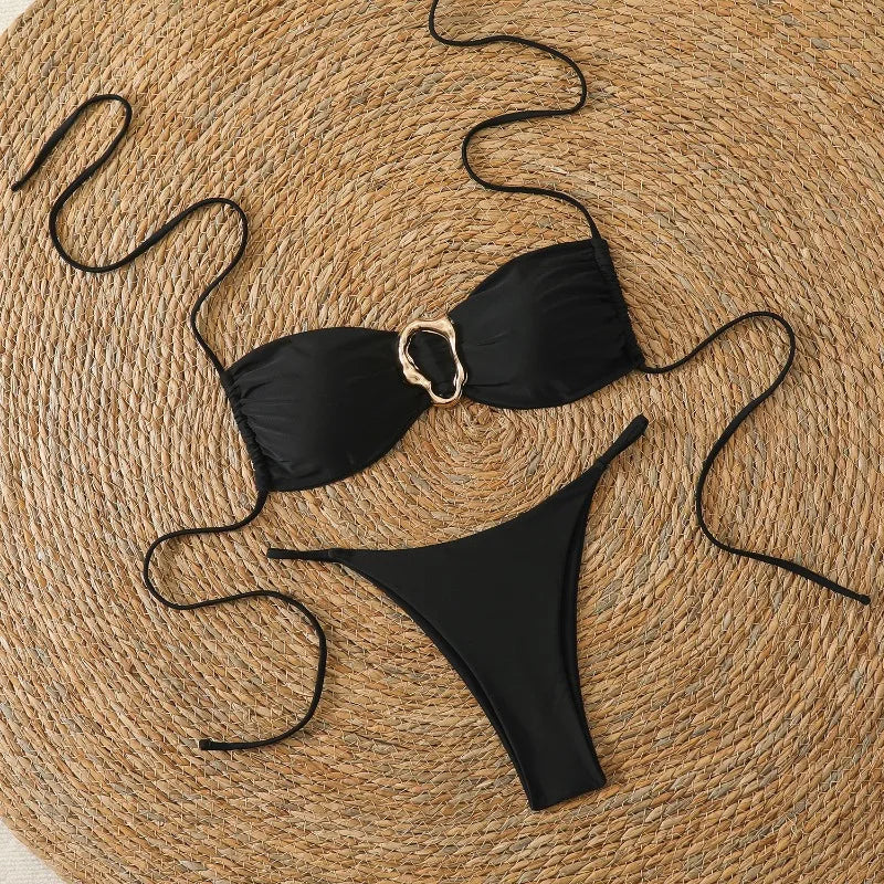 Costume da Bagno da Spiaggia alla Moda, Set Bikini a Perizoma per Donna, Sexy Costume da Bagno a Triangolo con Lacci, Due Pezzi, Stile Brasiliano, Tinta Unita