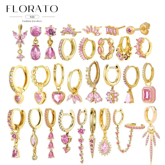 Lussuosa geometria 925 orecchio in argento sterling Ago rosa serie zircone orecchini a cerchio pendenti dolce moda regali di gioielli da sposa
