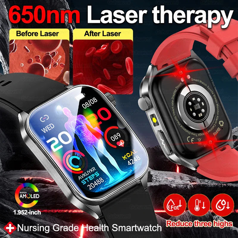 2026 Nuovo 650nm Terapia Laser Grassi nel sangue Acido urico Pressione sanguigna Smart Watch ECG + PPG Preciso Monitor di salute Smartwatch per gli uomini