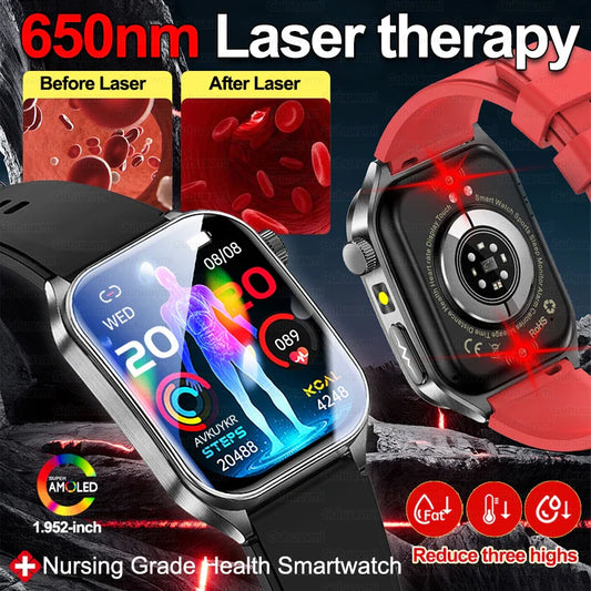 2026 Nuovo 650nm Terapia Laser Grassi nel sangue Acido urico Pressione sanguigna Smart Watch ECG + PPG Preciso Monitor di salute Smartwatch per gli uomini