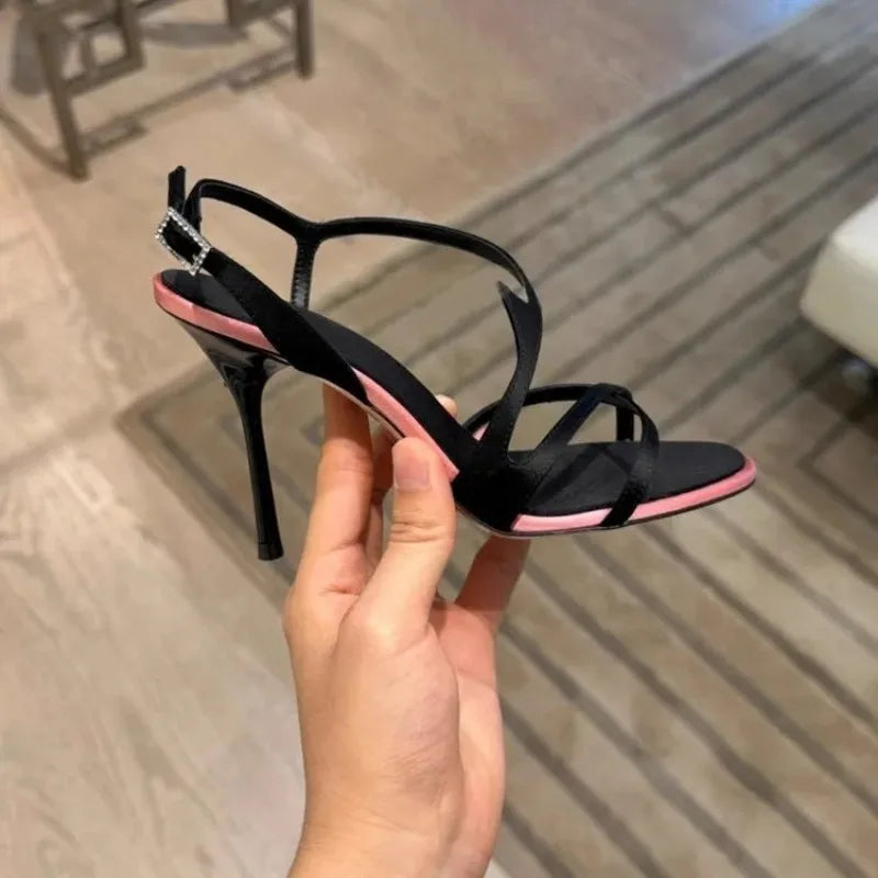 Satin Color Block Stiletto Fashionable High Heels with One Belt 2026 New Summer Sexy Temperament Versatile Sandals