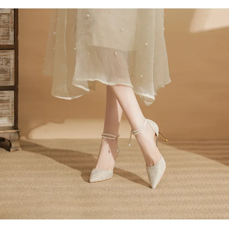 Size 31-43 Women High Heels Stiletto Heel Summer Lace Mesh Sweet Gold Silver Wedding Shoes
