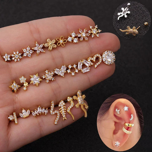 1PC In Acciaio Inox Colore Oro Argento Colore Fiore CZ Trago Cartilagine Elica Stella Dell'orecchio Della Vite Prigioniera Piercing Zircone Daith Orecchino