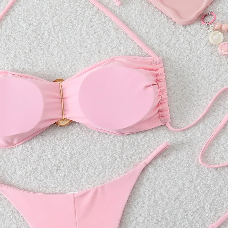 Costume da Bagno da Spiaggia alla Moda, Set Bikini a Perizoma per Donna, Sexy Costume da Bagno a Triangolo con Lacci, Due Pezzi, Stile Brasiliano, Tinta Unita