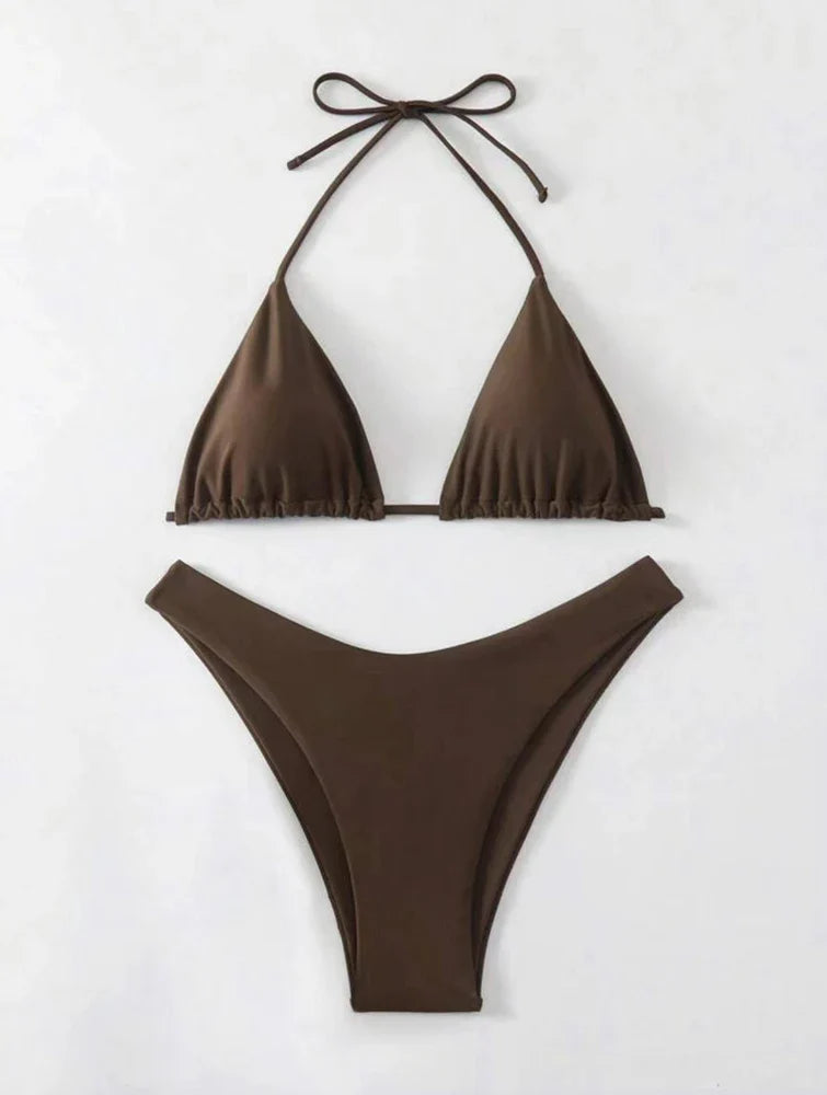 Costume da bagno bikini a perizoma da donna sexy, tinta unita bianco/nero/caffè, con laccetti, stile brasiliano, nuovo, in doppio tessuto, per la spiaggia