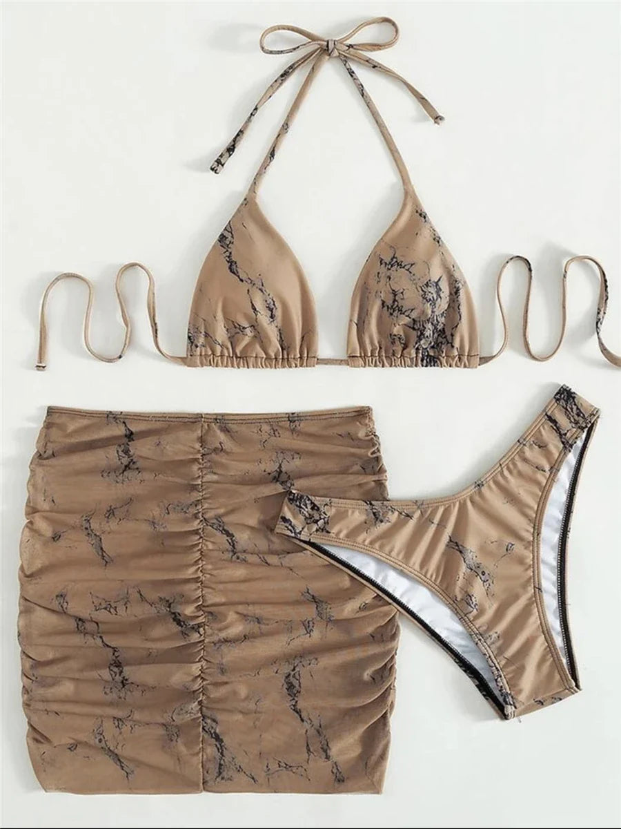 3 pezzi perizoma Bikini con gonna marmo texture costume da bagno donna costume da bagno Set costumi da bagno femminili abbigliamento da spiaggia nuoto estate
