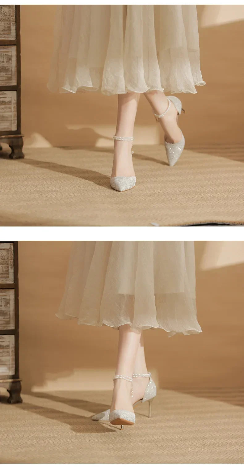 Size 31-43 Women High Heels Stiletto Heel Summer Lace Mesh Sweet Gold Silver Wedding Shoes