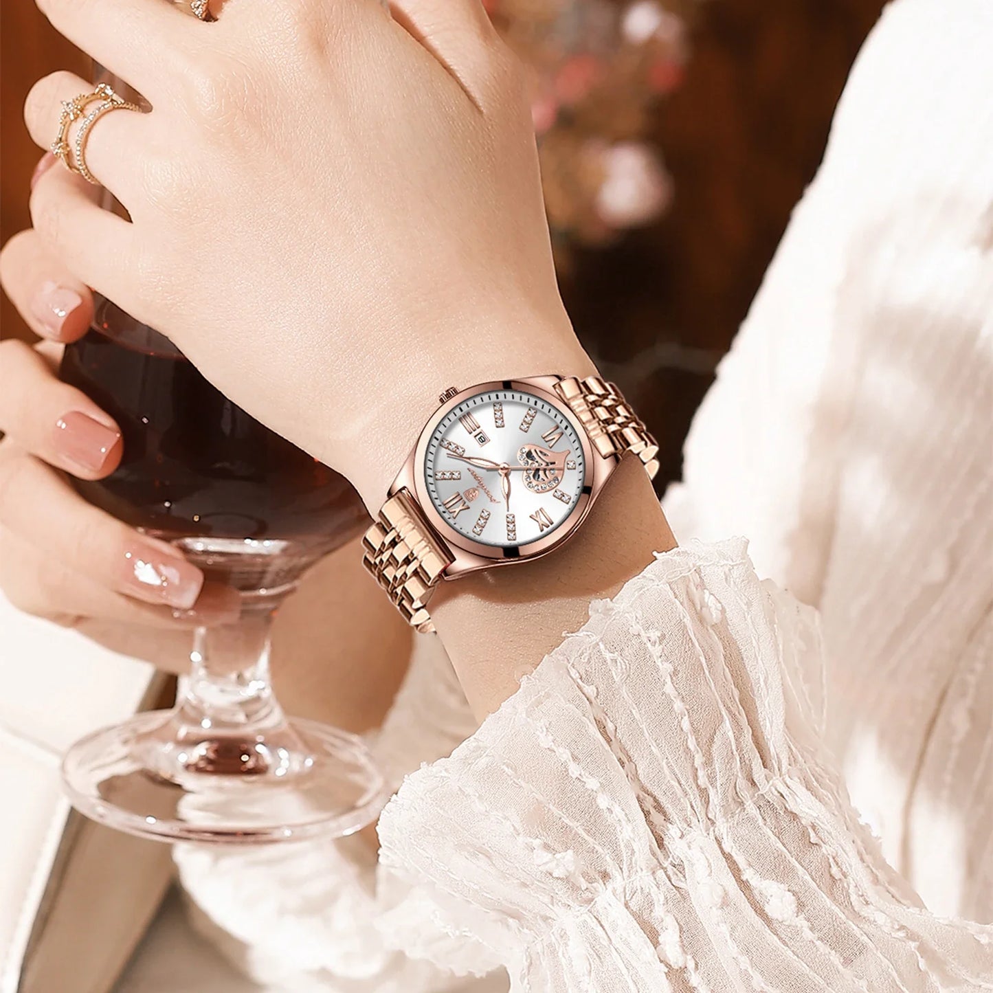 POEDAGAR Orologi di lusso da donna Orologio da donna impermeabile con data luminosa in acciaio inossidabile Orologio da polso da donna al quarzo alla moda elegante