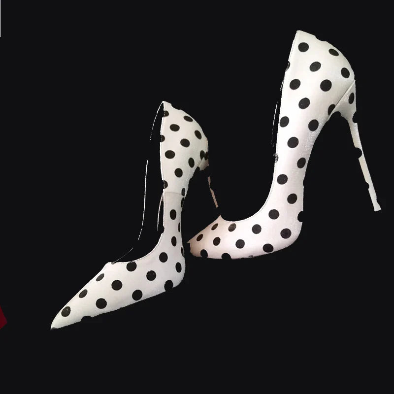 New round polka dot silk high heels with pointed toe, shallow mouth, thin heel 12cm Sexy French Girl Single Shoes