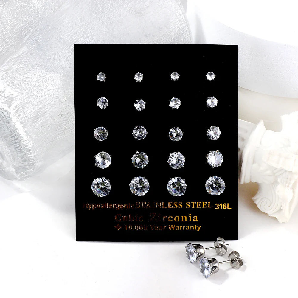 LUXUSTEEL 10 paia/set 3-10mm Orecchini in cristallo bianco trasparente per donna uomo Acciaio inossidabile Zircone CZ Piercing all'orecchio all'ingrosso