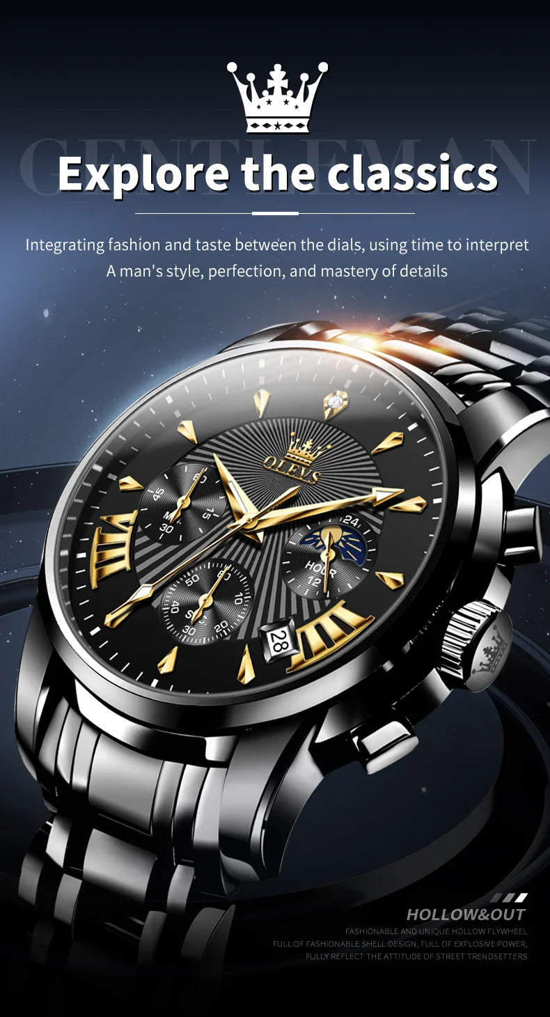 OLEVS Orologi al quarzo da uomo Orologi di marca in acciaio inossidabile Orologio sportivo impermeabile per uomo Cronografo con fasi lunari