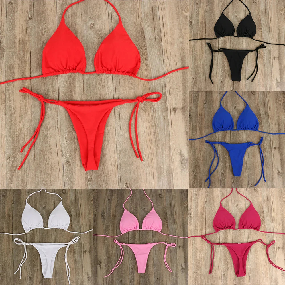 Set bikini sexy perizoma da donna Costume da bagno laterale stile fasciatura Costume da bagno brasiliano con cinturino diviso Set costume da bagno femminile solido regolabile