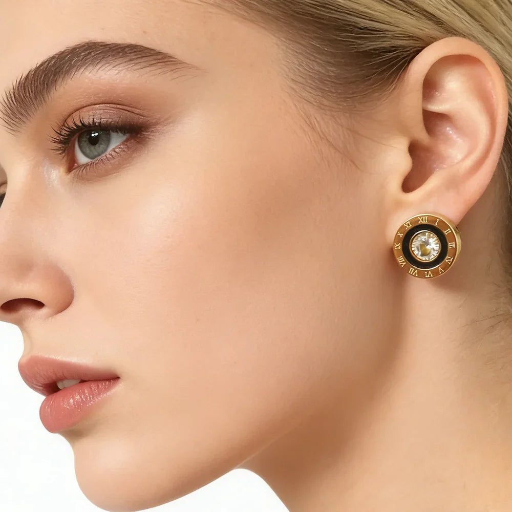 Orecchini a bottone con numeri romani in acciaio inossidabile 316, rotondi, brillanti, con zirconi AAA, diametro 12 mm, per donna, gioielli di marca di alta qualità