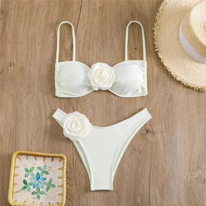 Costume da Bagno Sexy con Fiori e Fascia, Bikini a Perizoma 2025, Costumi da Bagno Donna con Lacci, Set Bikini Brasiliano, Biquini Mujer