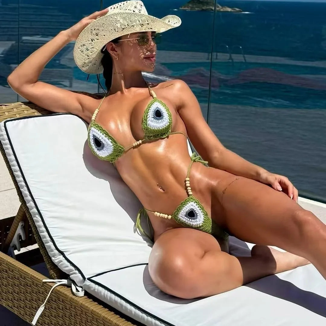 Bikini Sexy Intrecciato a Mano 2026 da Donna Verde Patchwork con Perline e Laccetti Micro Costume da Bagno Lavorato a Maglia per la Spiaggia