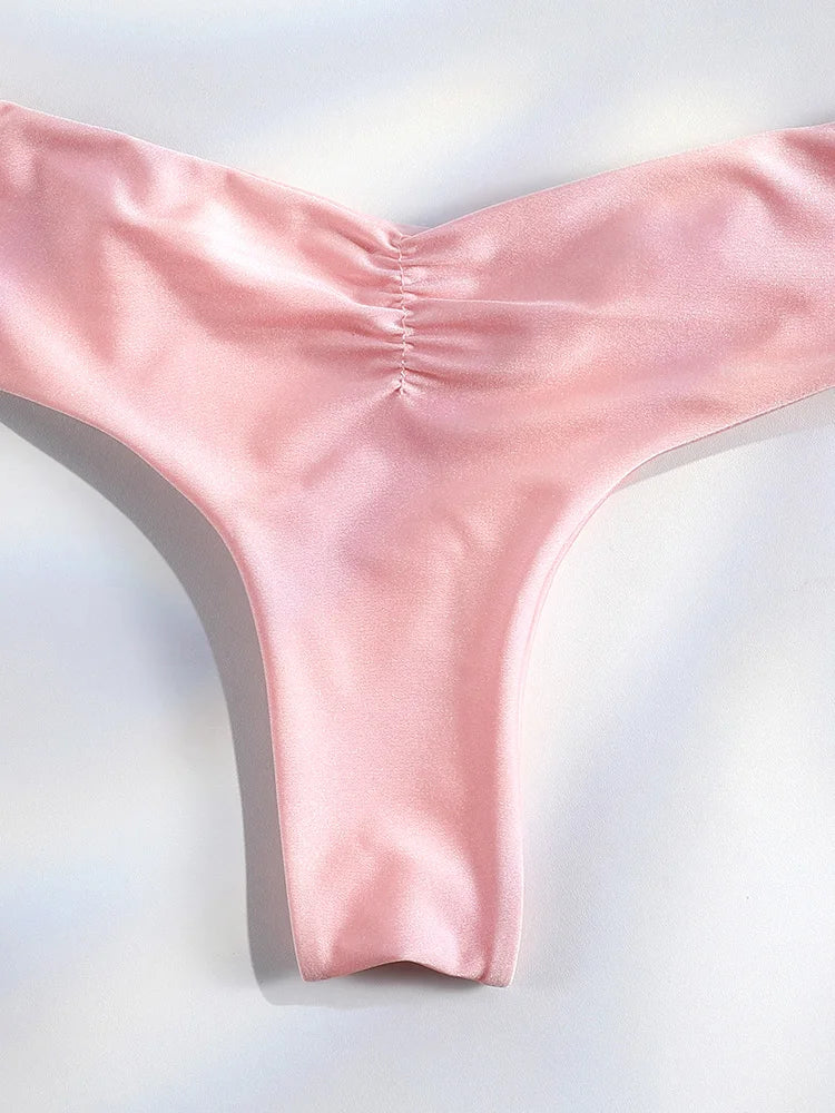 Set Bikini Sexy con Pieghe, Micro Bikini Tinta Unita, Costume da Bagno Femminile a Triangolo, Abbigliamento da Spiaggia