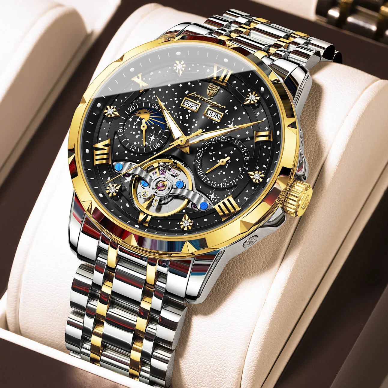 POEDAGAR Top Orologio da uomo originale Orologio meccanico automatico da uomo in acciaio inossidabile Calendario Hollow Tourbillon Orologio da uomo Maschio + scatola